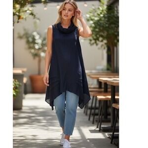 Cynthia Rowley Navy Linen Blend Cowl Neck Handkerchief Hem Tunic Top M